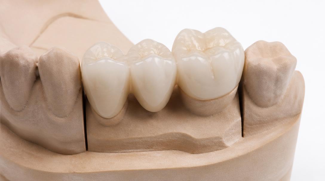 Porcelain dental crowns and bridges restoring natural teeth