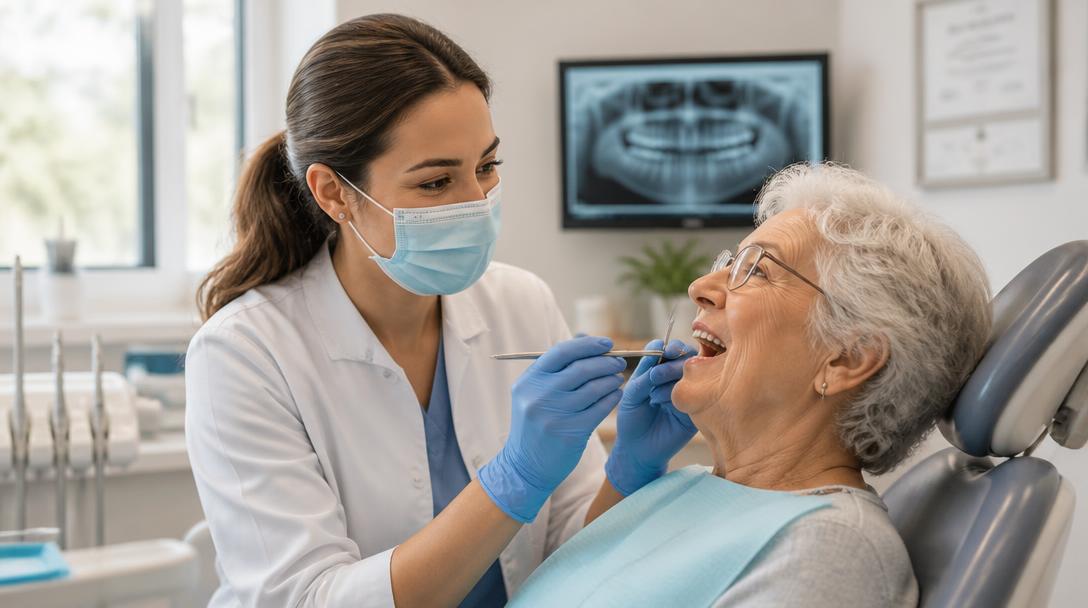 Geriatric dentist providing gentle care to an elderly patient
