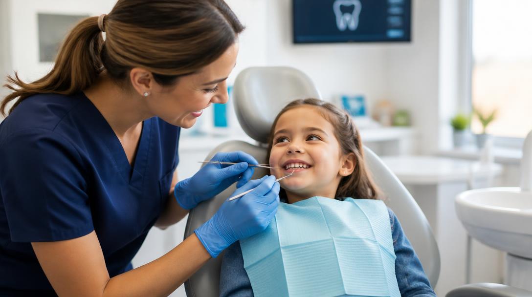Pediatric dentist welcoming a child patient in a bright clinic
